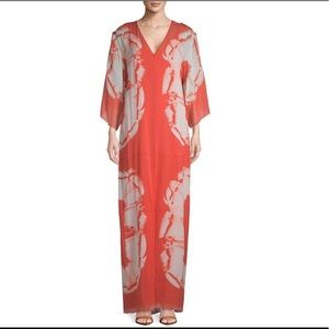 HALSTON HERITAGE feather printed silk caftan